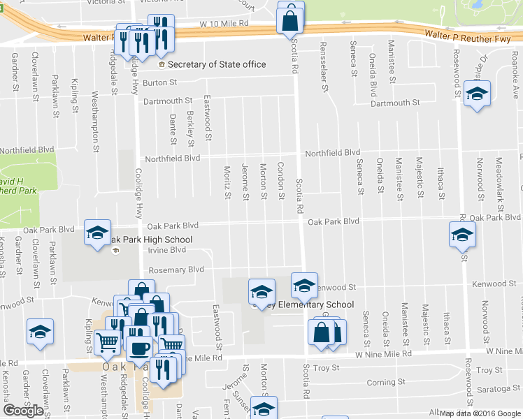 map of restaurants, bars, coffee shops, grocery stores, and more near 23831 Morton Street in Oak Park