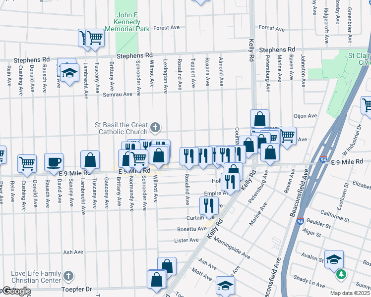 map of restaurants, bars, coffee shops, grocery stores, and more near 22781 Teppert Avenue in Eastpointe