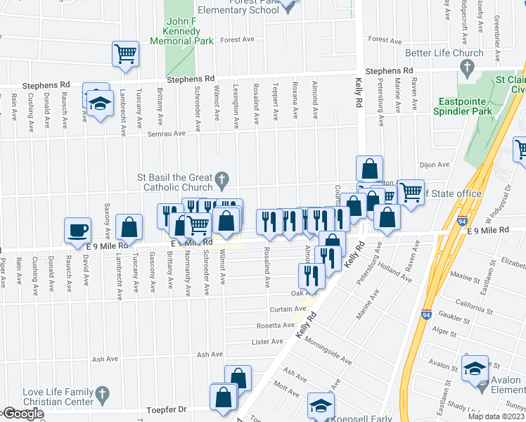 map of restaurants, bars, coffee shops, grocery stores, and more near 22788 Rosalind Avenue in Eastpointe