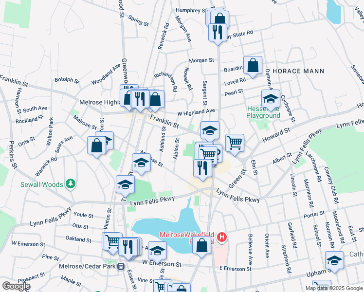 map of restaurants, bars, coffee shops, grocery stores, and more near 51 Albion Street in Melrose
