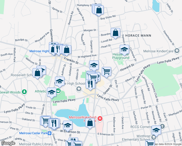 map of restaurants, bars, coffee shops, grocery stores, and more near 5 Greenleaf Place in Melrose
