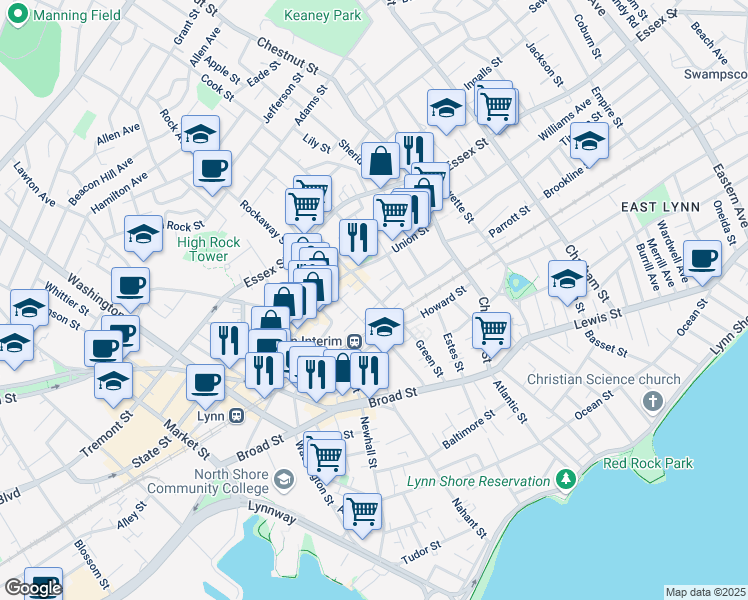 map of restaurants, bars, coffee shops, grocery stores, and more near 37 Green Street in Lynn