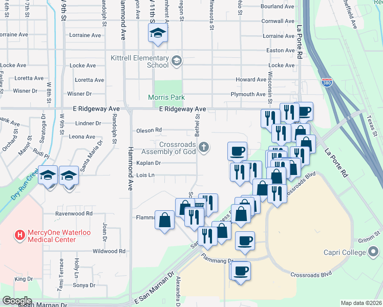 map of restaurants, bars, coffee shops, grocery stores, and more near 3205 Bethel St in Waterloo