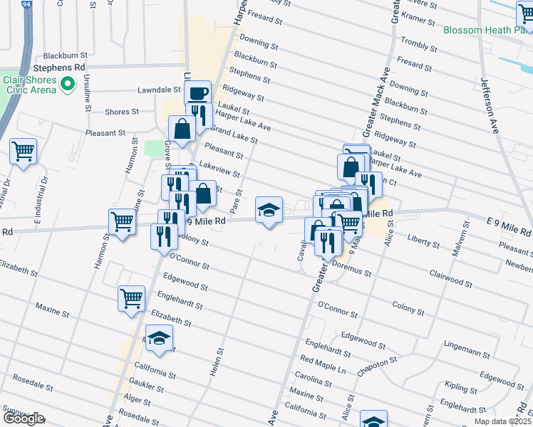 map of restaurants, bars, coffee shops, grocery stores, and more near 21929 East 9 Mile Road in St. Clair Shores