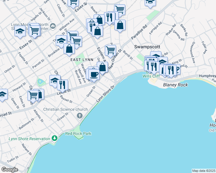 map of restaurants, bars, coffee shops, grocery stores, and more near 9 Lynn Shore Drive in Lynn