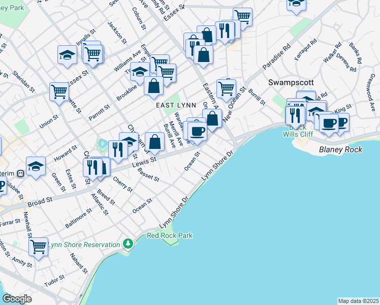 map of restaurants, bars, coffee shops, grocery stores, and more near 91 Ocean Street in Lynn