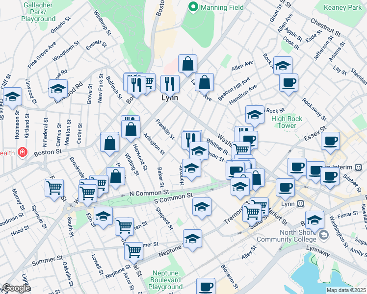 map of restaurants, bars, coffee shops, grocery stores, and more near 84 Franklin Street in Lynn