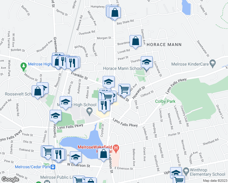 map of restaurants, bars, coffee shops, grocery stores, and more near 204 Green Street in Melrose