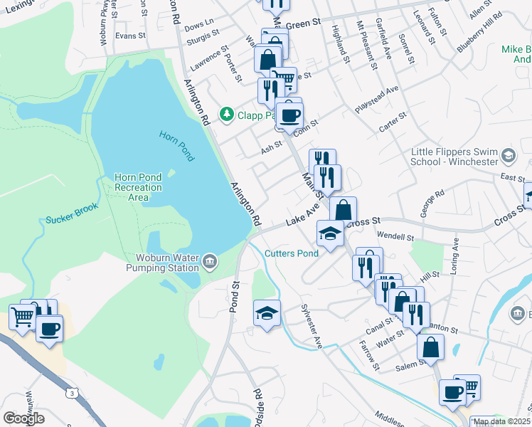 map of restaurants, bars, coffee shops, grocery stores, and more near 144 Arlington Road in Woburn