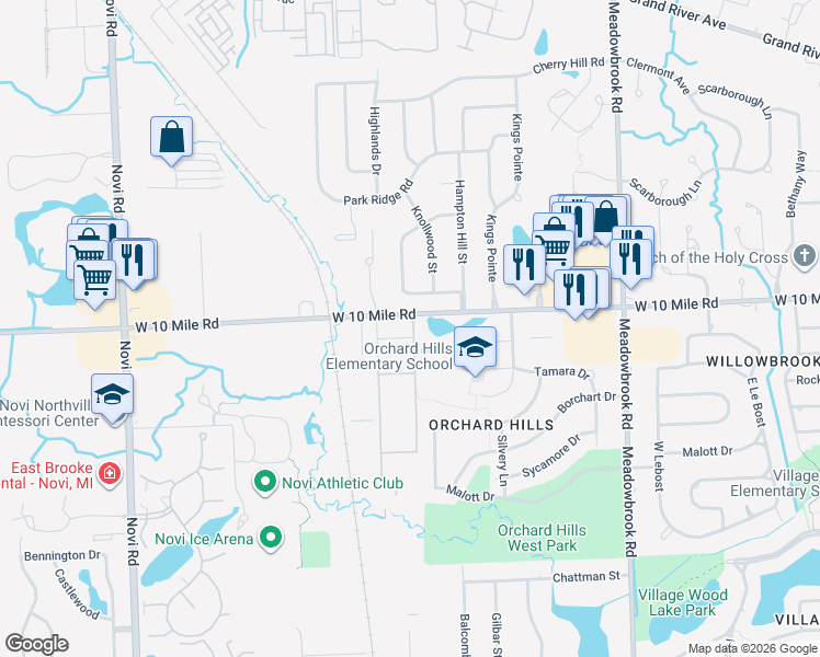 map of restaurants, bars, coffee shops, grocery stores, and more near 42136 Woodglen Drive in Novi