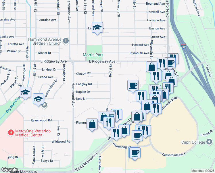 map of restaurants, bars, coffee shops, grocery stores, and more near 3205 Bethel St in Waterloo