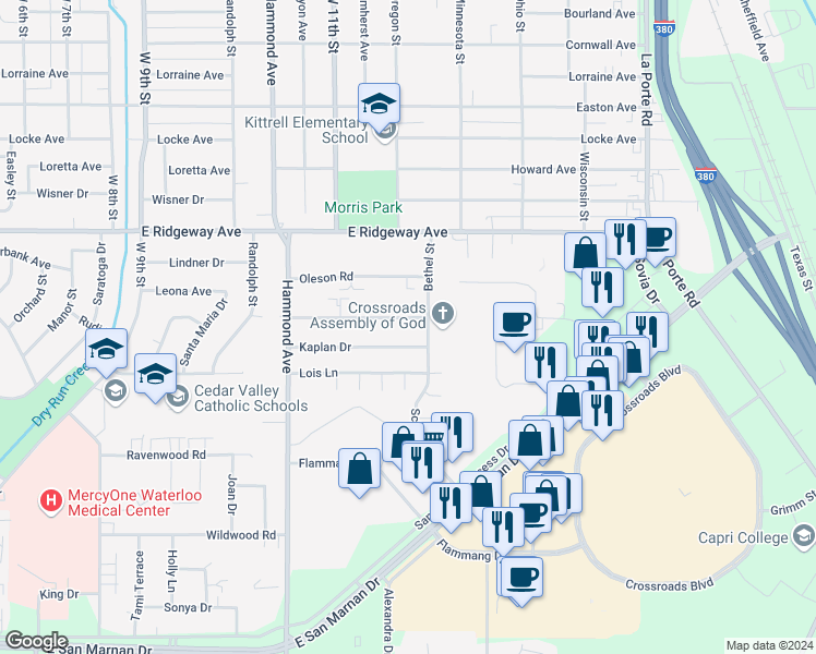 map of restaurants, bars, coffee shops, grocery stores, and more near 1212 Langley Road in Waterloo