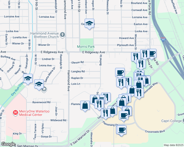 map of restaurants, bars, coffee shops, grocery stores, and more near 1212 Langley Road in Waterloo