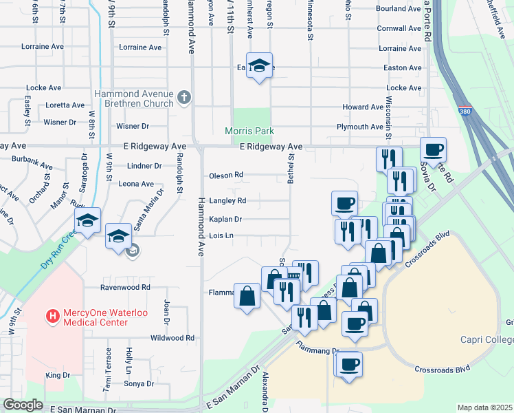 map of restaurants, bars, coffee shops, grocery stores, and more near 1126 Langley Road in Waterloo