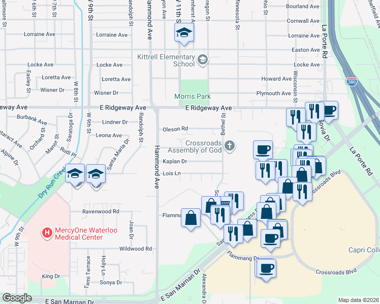 map of restaurants, bars, coffee shops, grocery stores, and more near 1126 Langley Road in Waterloo