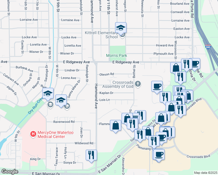 map of restaurants, bars, coffee shops, grocery stores, and more near 1034 Langley Road in Waterloo