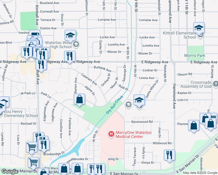 map of restaurants, bars, coffee shops, grocery stores, and more near 2625 Manor Street in Waterloo