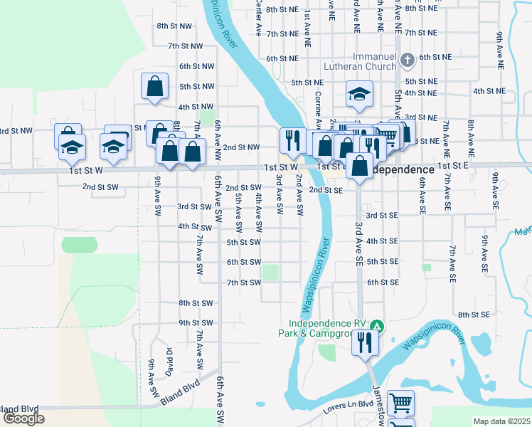 map of restaurants, bars, coffee shops, grocery stores, and more near 311 3rd Street Southwest in Independence