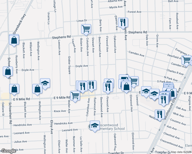 map of restaurants, bars, coffee shops, grocery stores, and more near 23153 Stewart Avenue in Warren