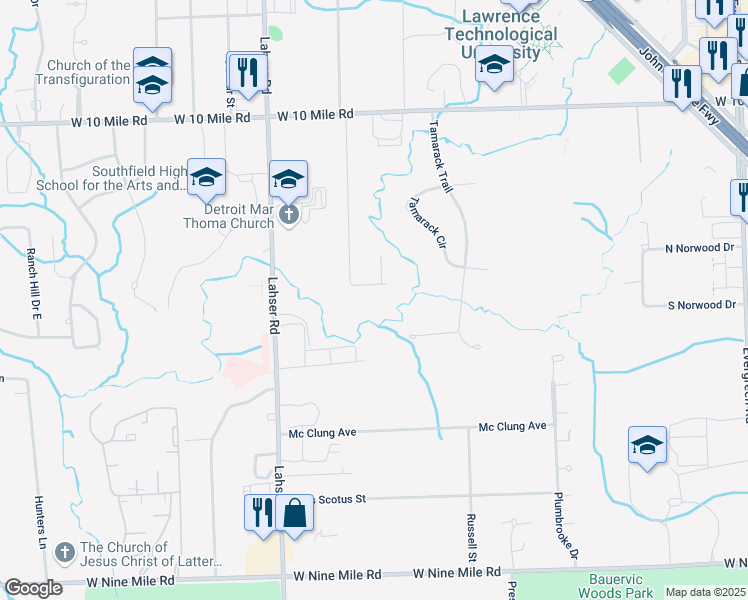 map of restaurants, bars, coffee shops, grocery stores, and more near 24315 Lois Lane in Southfield
