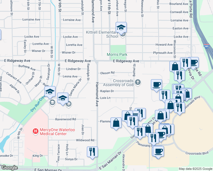 map of restaurants, bars, coffee shops, grocery stores, and more near 1034 Langley Road in Waterloo