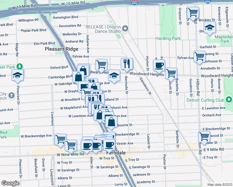 map of restaurants, bars, coffee shops, grocery stores, and more near 400 E Drayton Ave in Ferndale