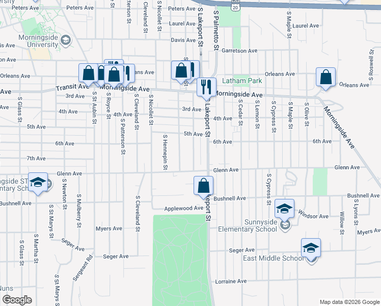 map of restaurants, bars, coffee shops, grocery stores, and more near 2317 South Henry Street in Sioux City