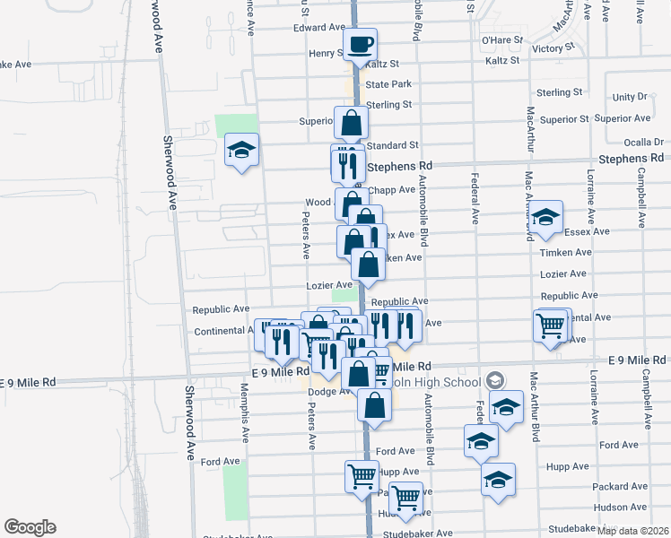 map of restaurants, bars, coffee shops, grocery stores, and more near 7574 Timken Avenue in Warren