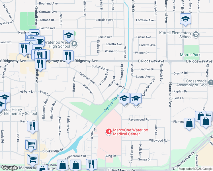 map of restaurants, bars, coffee shops, grocery stores, and more near 2625 Manor Street in Waterloo