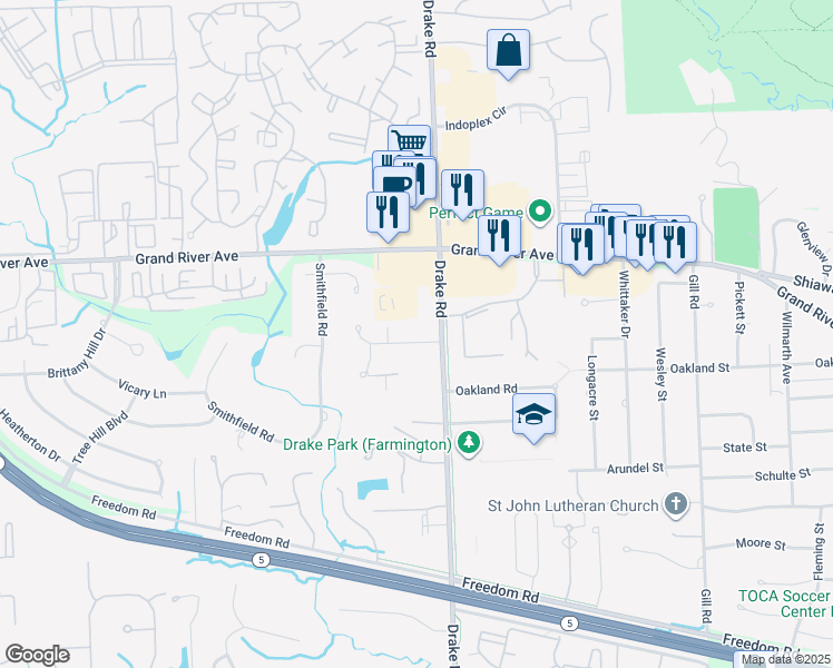 map of restaurants, bars, coffee shops, grocery stores, and more near 35454 Tall Pine Road in Farmington