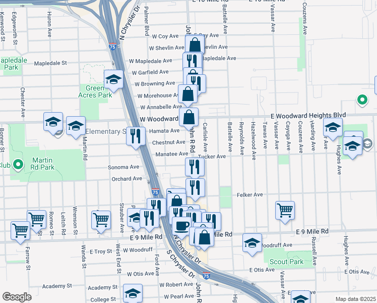 map of restaurants, bars, coffee shops, grocery stores, and more near 23641 Manatee in Hazel Park