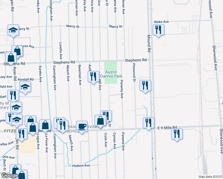 map of restaurants, bars, coffee shops, grocery stores, and more near 5226 Lark Court in Warren