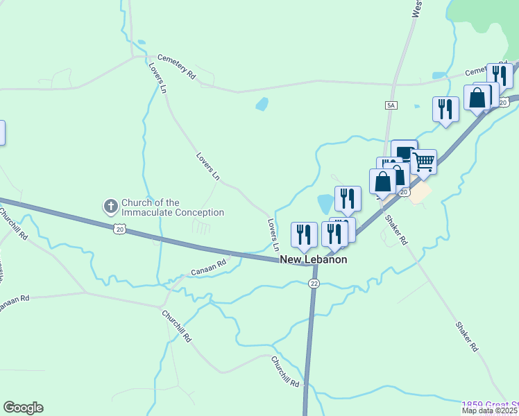 map of restaurants, bars, coffee shops, grocery stores, and more near 36 Lovers Lane in New Lebanon