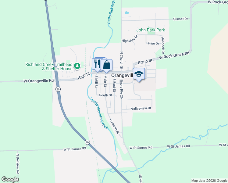 map of restaurants, bars, coffee shops, grocery stores, and more near 202 South Street in Orangeville