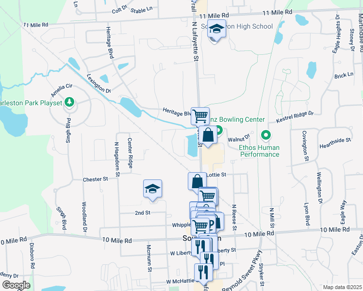 map of restaurants, bars, coffee shops, grocery stores, and more near 631 Old Pond Street in South Lyon