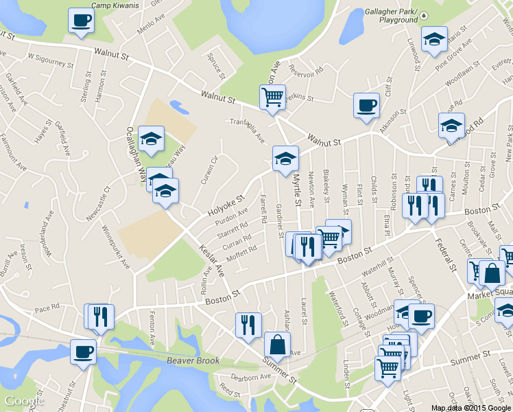 map of restaurants, bars, coffee shops, grocery stores, and more near 26 Purdon Avenue in Lynn