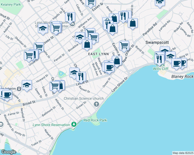 map of restaurants, bars, coffee shops, grocery stores, and more near 45 Lewis Street in Lynn