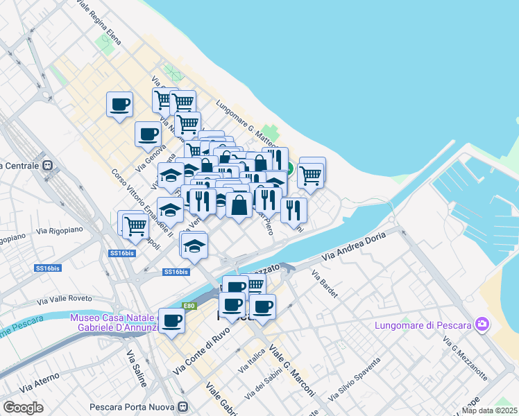 map of restaurants, bars, coffee shops, grocery stores, and more near 124 Via Gobetti Piero in Pescara