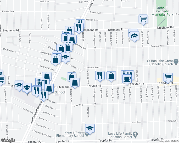 map of restaurants, bars, coffee shops, grocery stores, and more near 22834 Melrose Avenue in Eastpointe