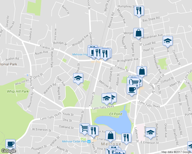 map of restaurants, bars, coffee shops, grocery stores, and more near 220 Tremont Street in Melrose