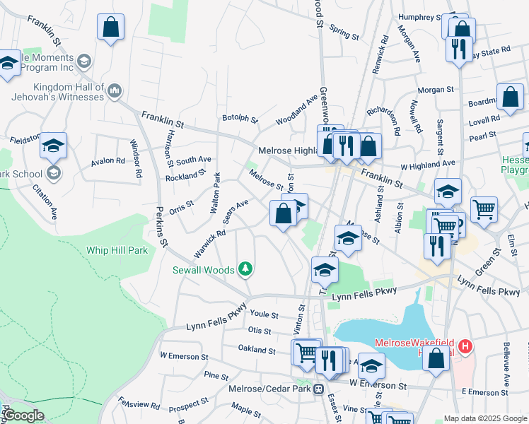 map of restaurants, bars, coffee shops, grocery stores, and more near 4 Orris Street in Melrose