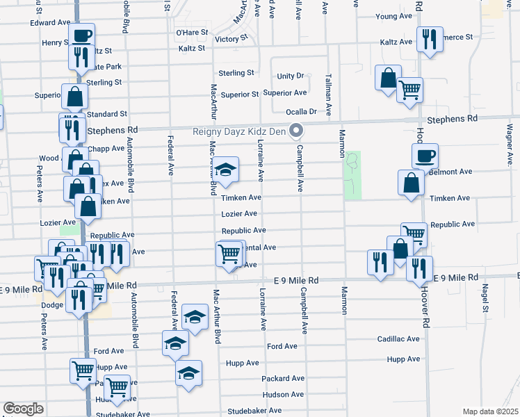 map of restaurants, bars, coffee shops, grocery stores, and more near 8739 Lozier Avenue in Warren