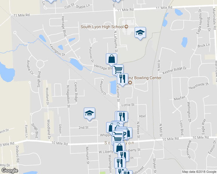 map of restaurants, bars, coffee shops, grocery stores, and more near 635 Old Pond Street in South Lyon