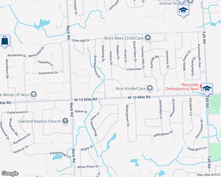 map of restaurants, bars, coffee shops, grocery stores, and more near 24398 Venice Drive in Novi