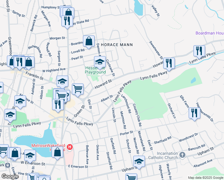 map of restaurants, bars, coffee shops, grocery stores, and more near 75 Clifford Street in Melrose