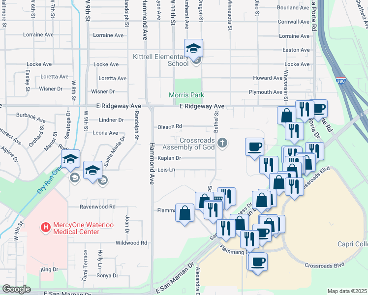 map of restaurants, bars, coffee shops, grocery stores, and more near 1126 Langley Road in Waterloo