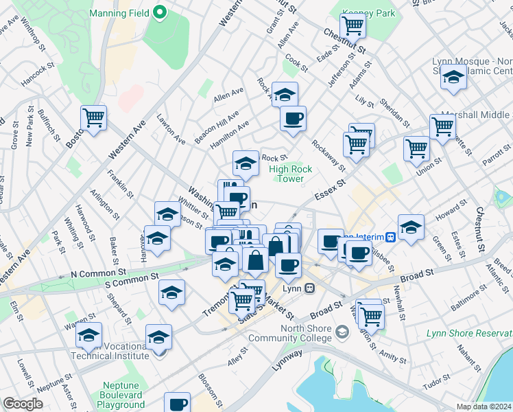 map of restaurants, bars, coffee shops, grocery stores, and more near 9A James Street in Lynn