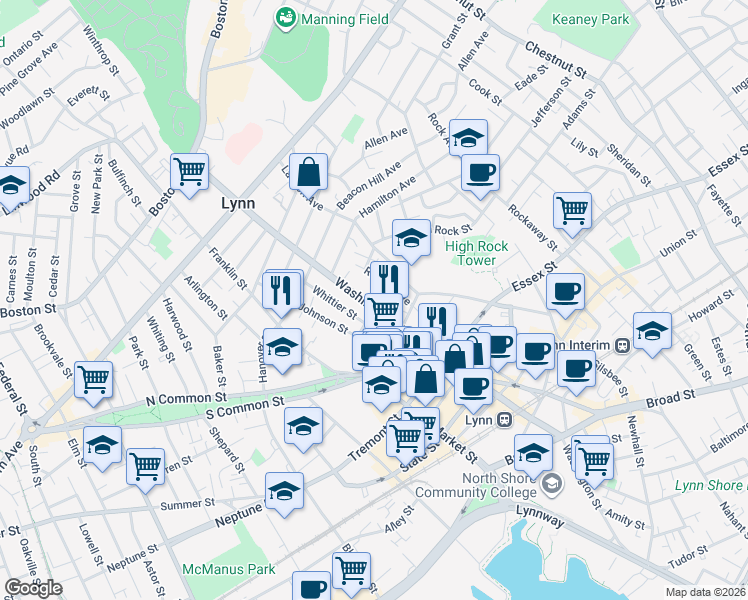 map of restaurants, bars, coffee shops, grocery stores, and more near 197 Washington Street in Lynn