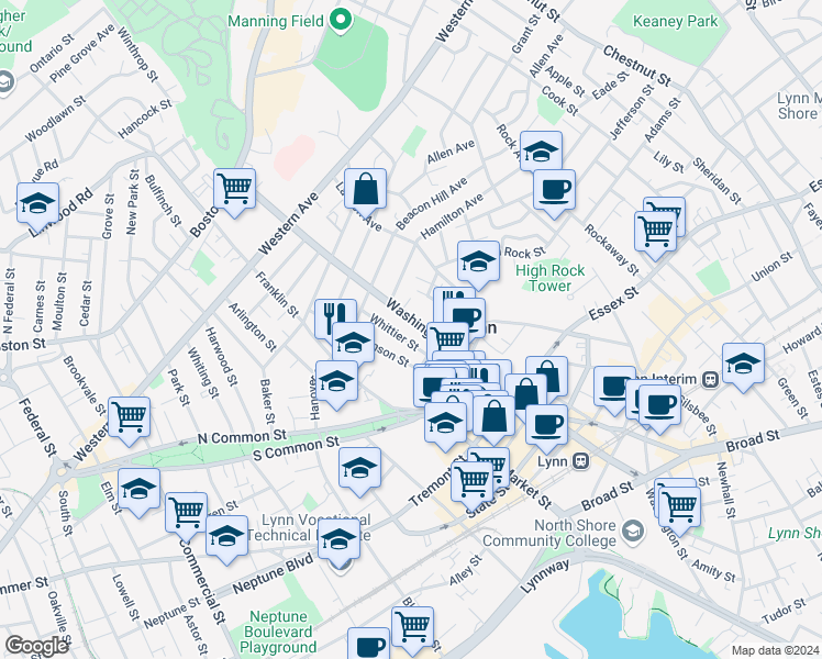 map of restaurants, bars, coffee shops, grocery stores, and more near 197 Washington Street in Lynn