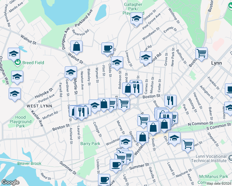 map of restaurants, bars, coffee shops, grocery stores, and more near 6 Hart Street in Lynn